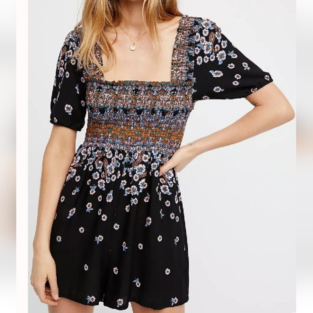 free people black short jumpsuit flower print size S